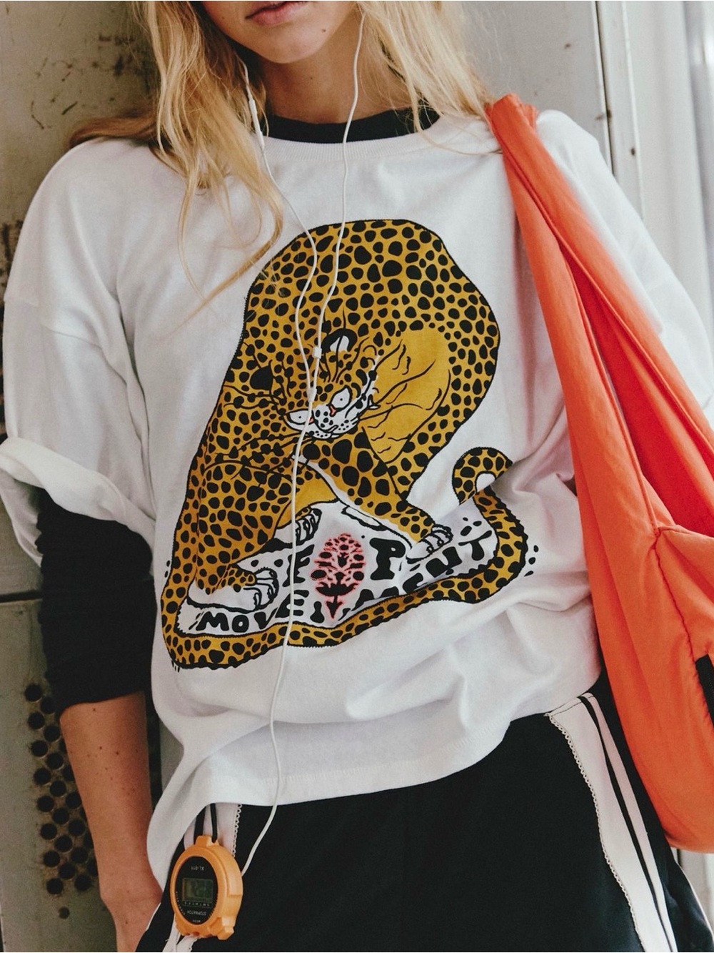 Free People White Tee with Yellow Leopard Graphic and Orange Bag